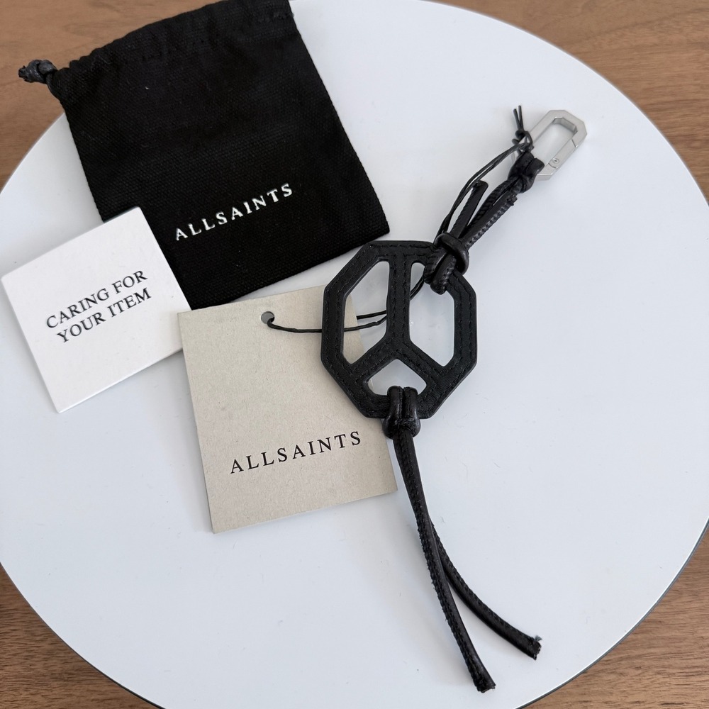 AllSaints Black Leather Peace Keyring W657XD-5 Bag Charm NWT